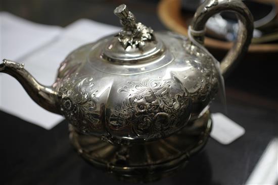 PAUL STORR. A William IV silver coffee pot, spirit stand with burner and a matching teapot, gross 74 oz.